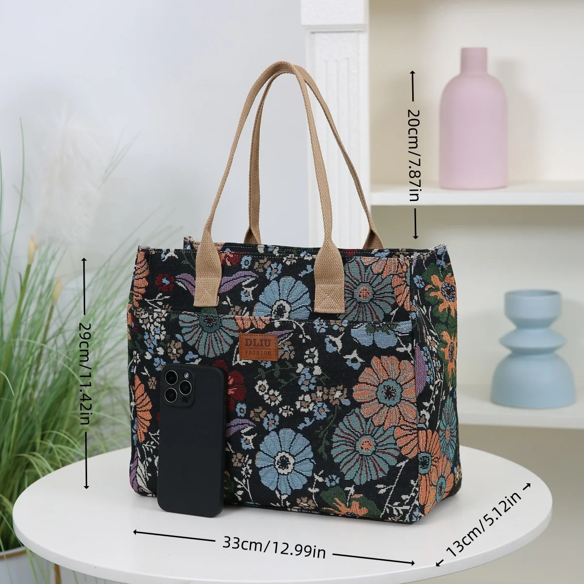 New Large Capacity Tote Bag Thickened Floral Patterned Shoulder Bag Handbag Zipper Closure for Work School Shopping Daily Use