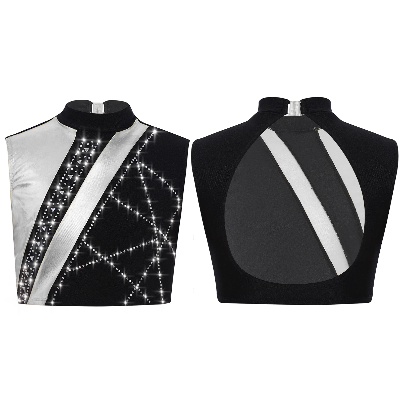 

Kids Girls Gymnastics Tops Ballet Jazz Latin Dance Costume Rhinestones Metallic Color Block Crop Top Sleeveless Cutout Back Tops