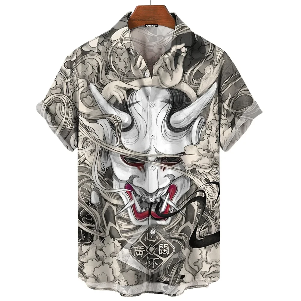 Men's Japanese Hannya Mask Ukiyo-e Printed Button Down Shirt Short Sleeve Casual Streetwear Summer Vacation Tops for Adult Men
