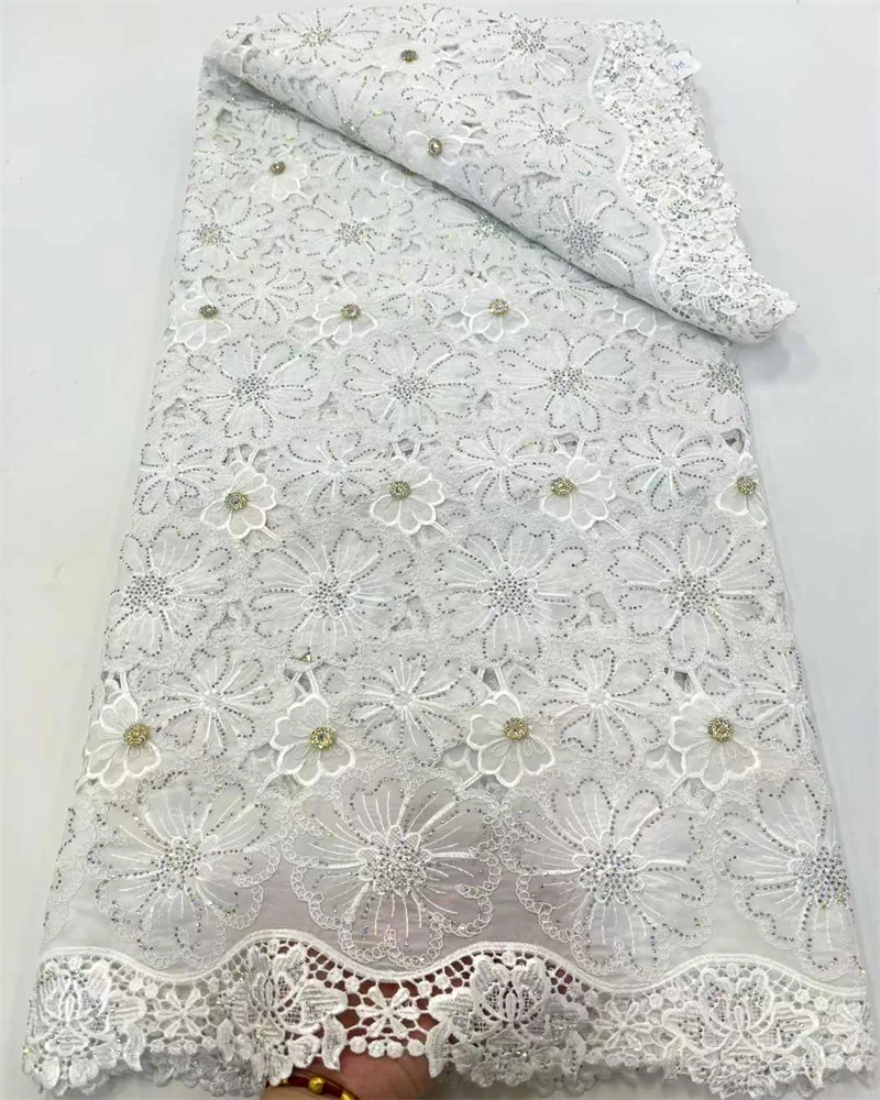 African Milk Silk Cord Lace Fabric 2025High Quality Lace 5 Yards Nigerian French Mesh Lace With Beads For Wedding Dress Sewing