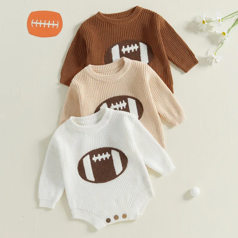 0 to 18 Months Baby Boy Knit Bodysuit Autumn Winter Clothes Long Sleeve Crew Neck Embroidery Rugby Sweater for Casual Daily