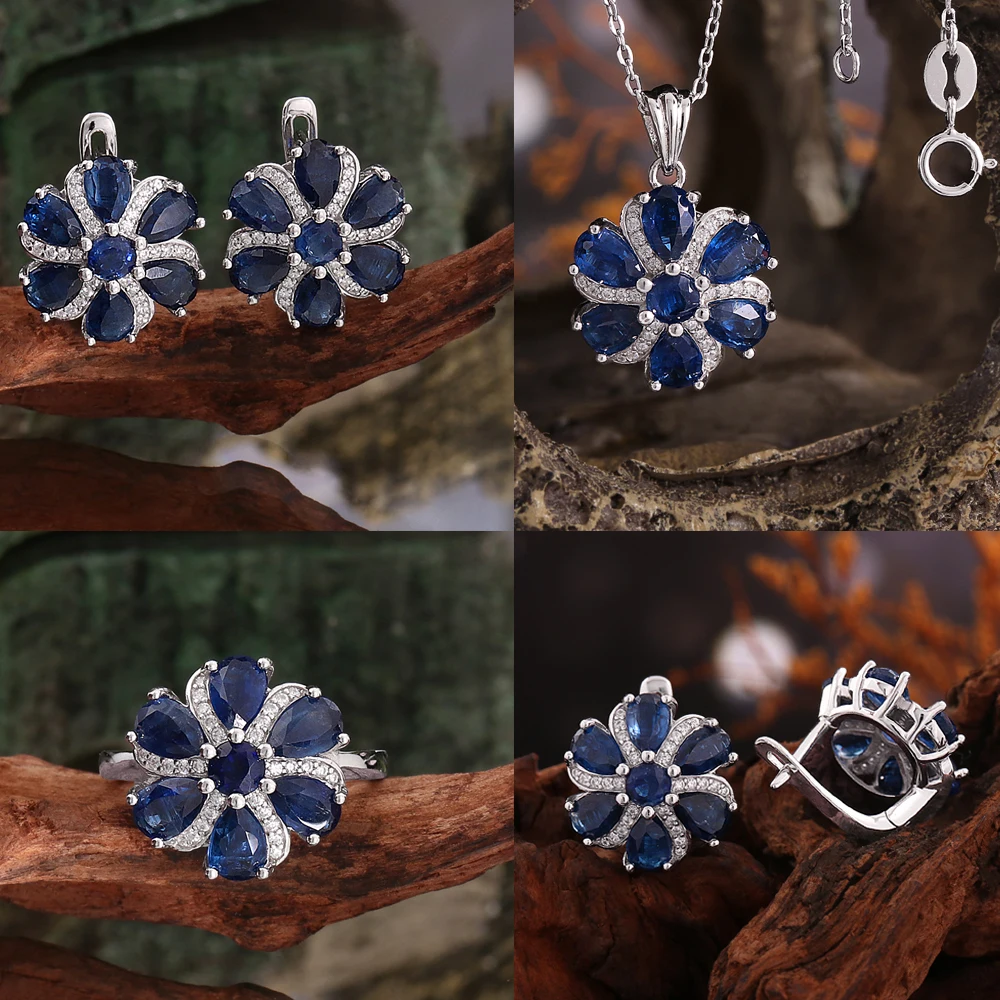 925 Sterling Silver Flower Shape Jewelry Set with Natural Kyanite Gemstones Luxury Fine Women's Valentines Gift