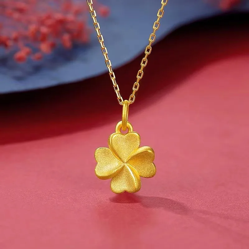 

9999 24K Real Gold Clover Necklace Women's Collarbone Chain High-end and Niche Lucky Grass Pendant Jewelry Gift for Girl Women