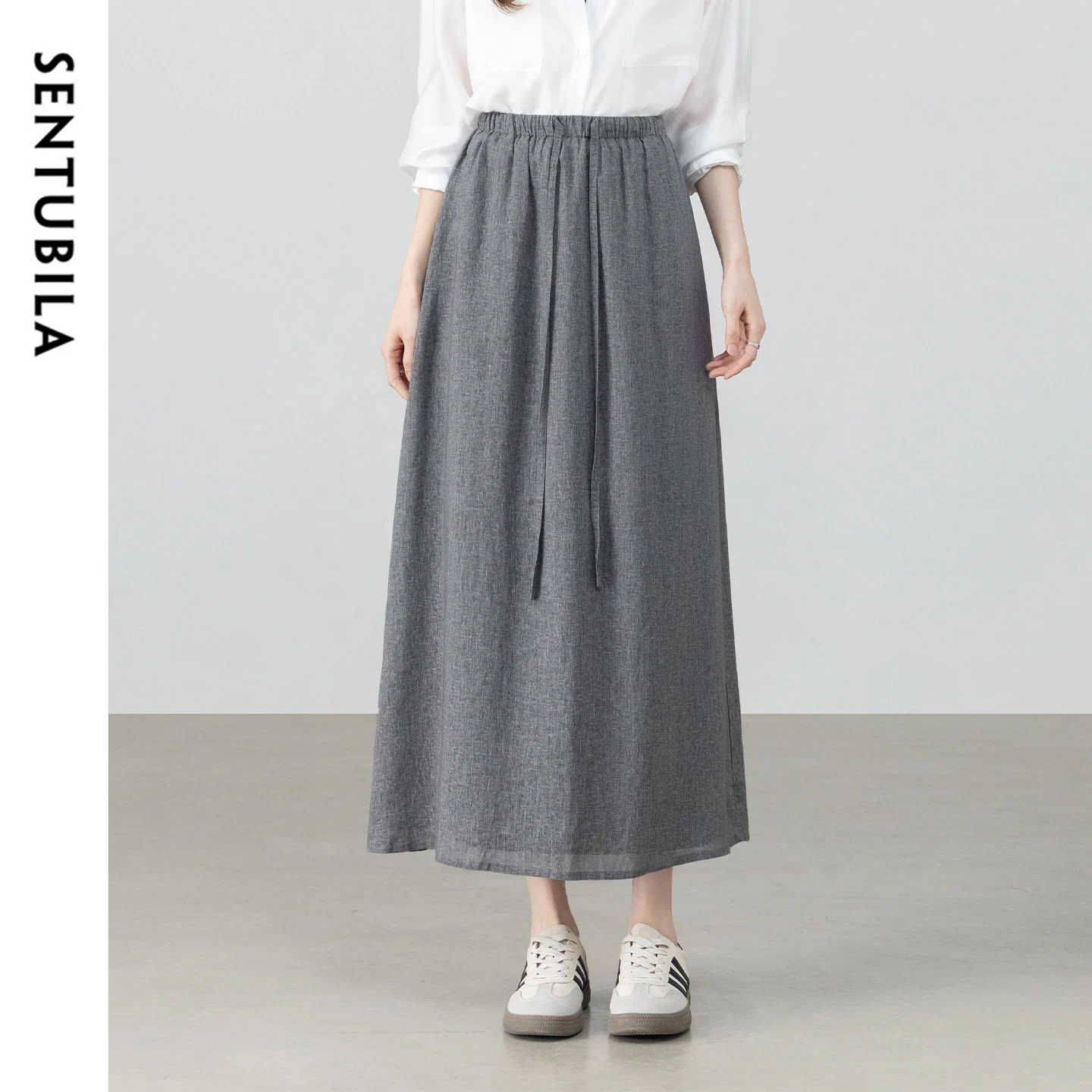 

Женская серая минималистичная юбка миди SENTUBILA, новинка лета 2026, с эластичным поясом на шнурке, свободного кроя, А-силуэт, повседневная офисная юбка W62QA6205