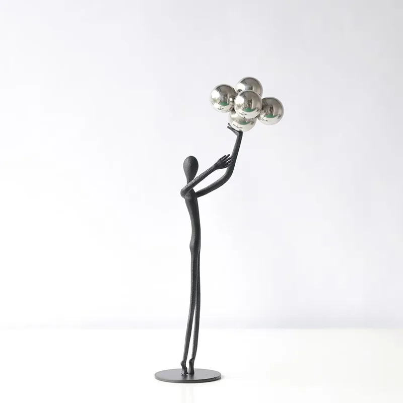 Abstract Art: Black Cast Iron Man Holding Ball Pendant, Metal Sculpture, Living Room Decoration, Statues, Window Display Crafts