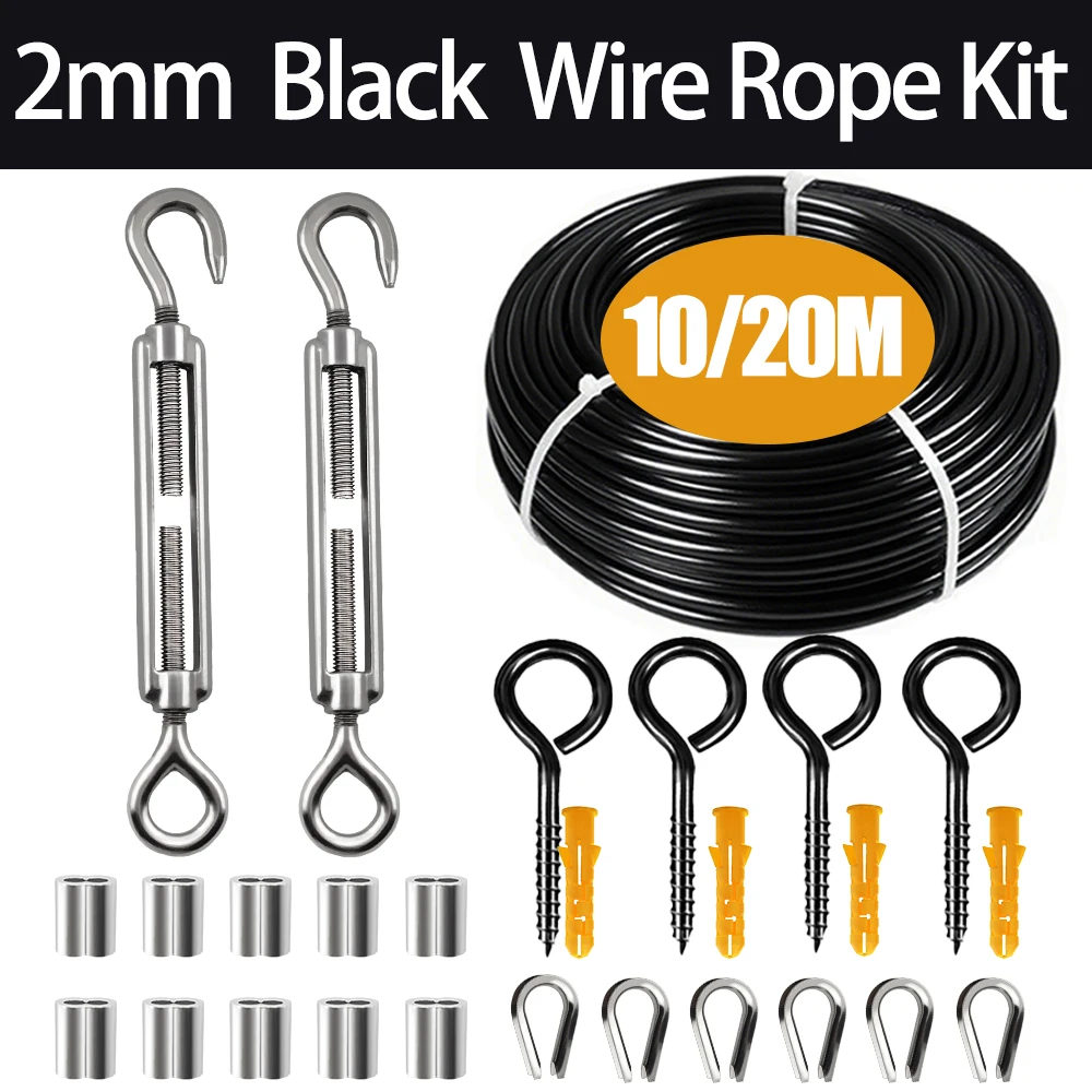 

2mm Black Stainless Steel Wire Rope 10/20M with PVC Coating Can DIY Hanging Kit for Camping Clothesline Sunshade Safety Fence