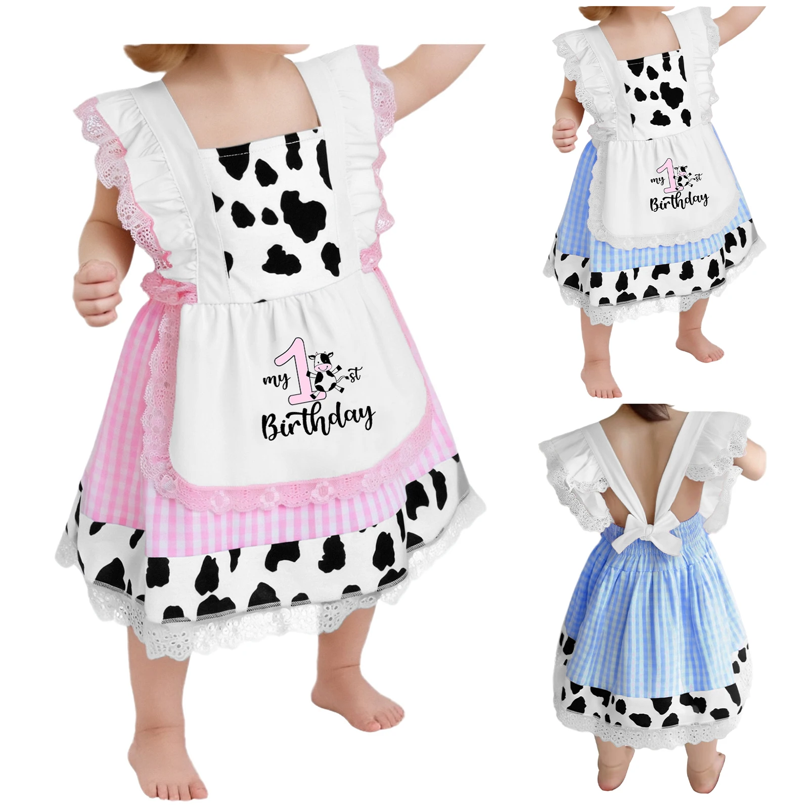 

Infant Baby Girls 1st Birthday Outfit Spaghetti Strap Cow Print Plaid Lace Tutu Dress Theme Party Cake Smash Photo Shoot Clothes