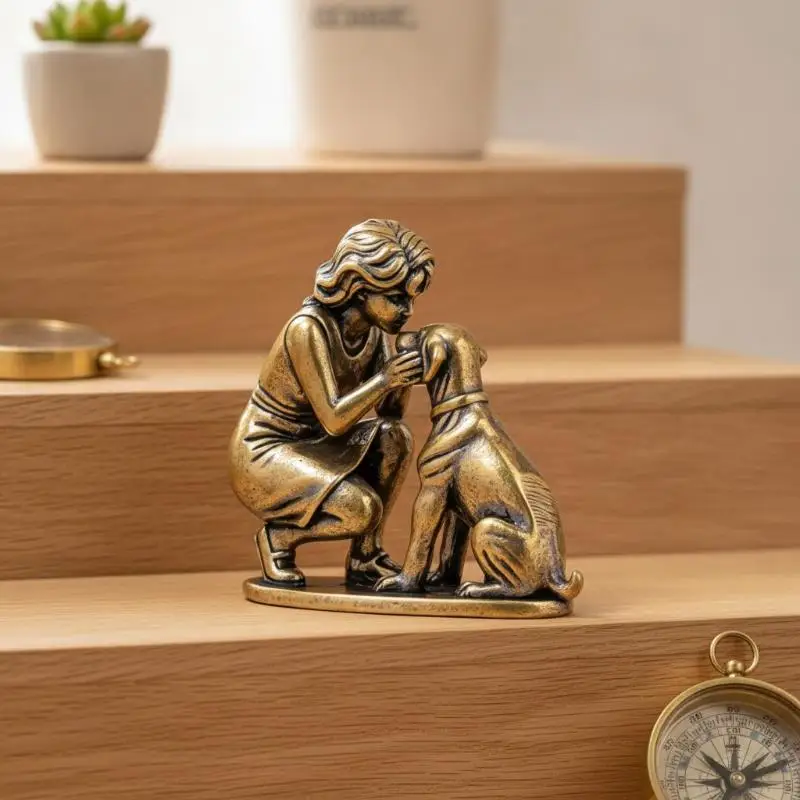 Brass Girl and Dog Statue Small Creative Retro Ornament Solid Brass Decor for Home Office Desk Shelf Display - view 3