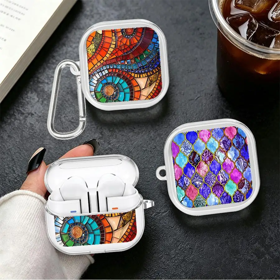 Clear Earphone Cases Cover With Hook Case For Redmi Buds 5 7 6Active 6 Pro 8 Lite 8Active Stain_ed Geometric Marble