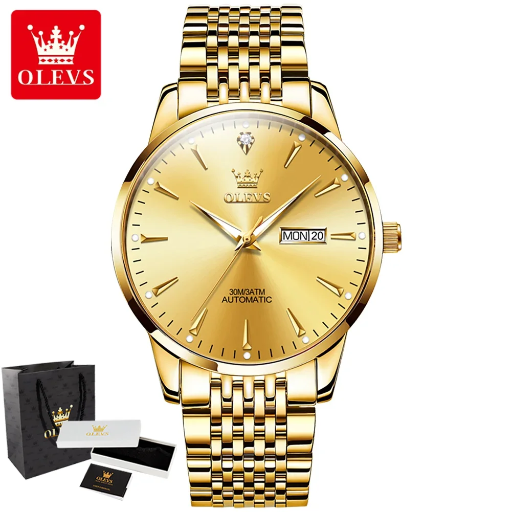 

OLEVS 6635 Top Men's Watches Original Automatic Mechancial Watch for Man Stainless Steel Dual Calendar Luxury Business Man Watch