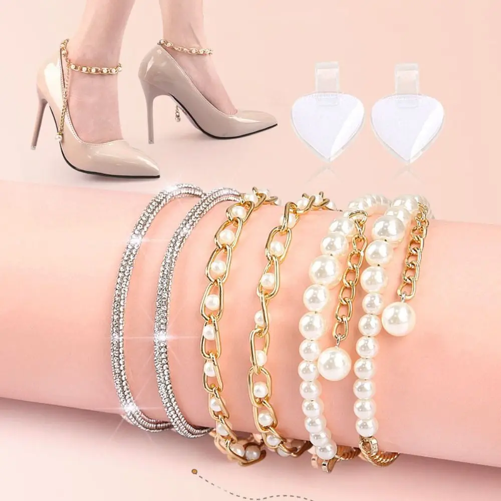 Alloy Women Shoelaces New Anti-skid PU High Heels Pearl Heels Band Pearl Shoes Decoration Shoe Belt