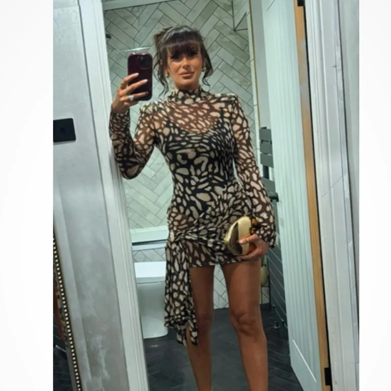 Leopardenmuster, durchsichtig, Netzstoff, Schnürband, figurbetontes Minikleid für Damen, 2025, Herbst, Rollkragen, lange Ärmel, schlanke Nachtclubwear