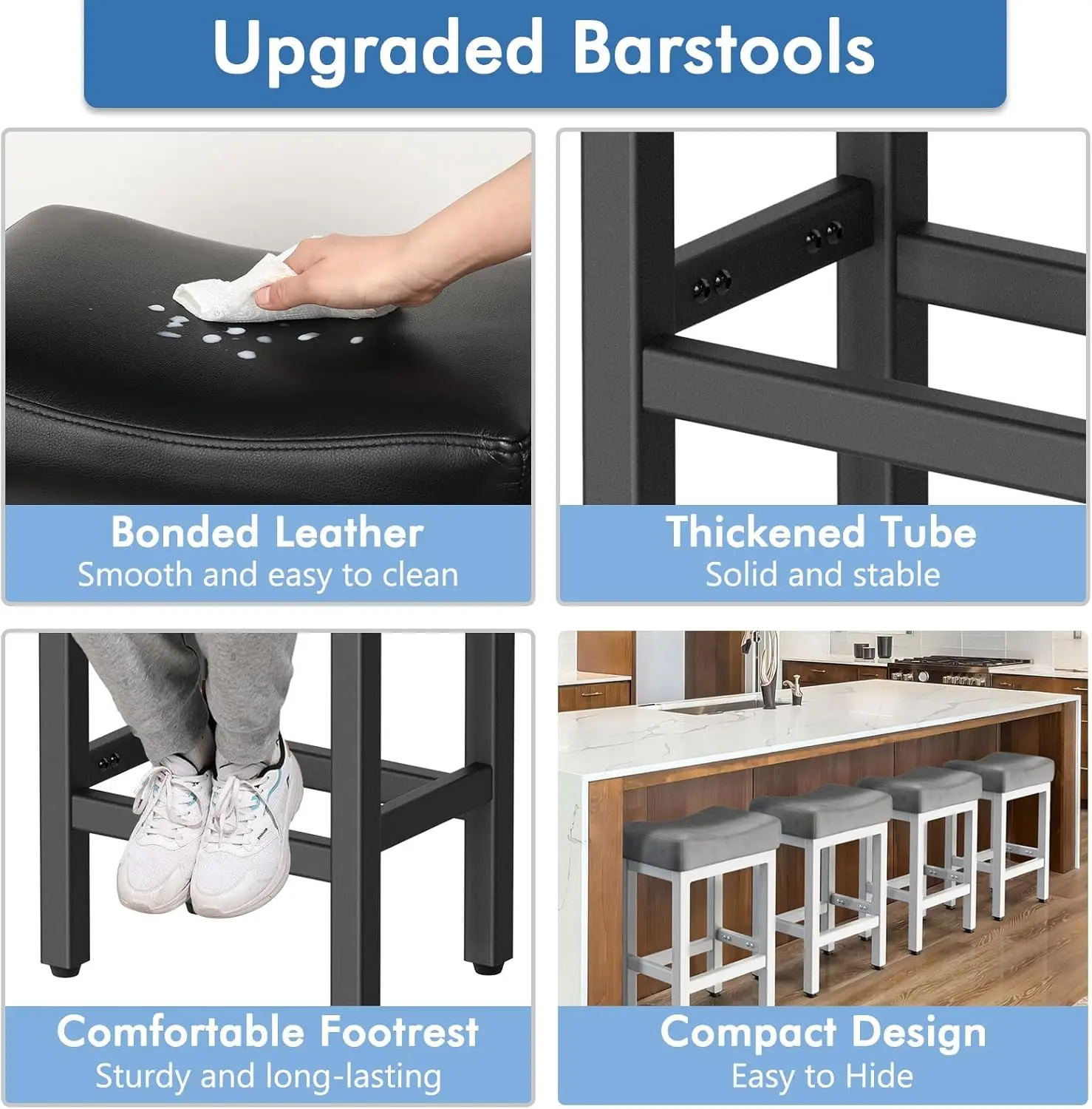 Bar Stools Set of 2, 24 Inch Barstools for Kitchen Island Counter, Bonded Leather Kitchen Stools with Thick Saddle Seats & Heavy