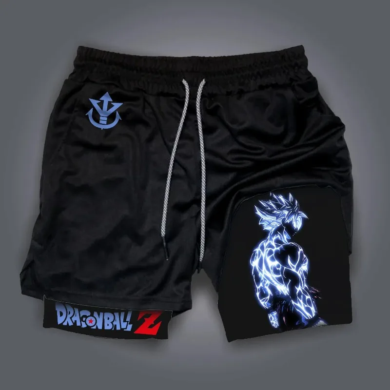 Pantaloncini estivi 2 in 1 da uomo Anime giapponesi Dragon Ball Z Broli Grafica rossa corta con tasche Pantaloni sportivi a doppio ponte ad asciugatura rapida