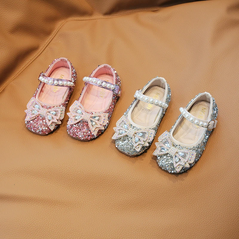 2024 New Spring Baby Girl School Shoes with Butterfly Brightly Crystal Toddler Kids Shoe Girl Fashion Pearl Party Shoes