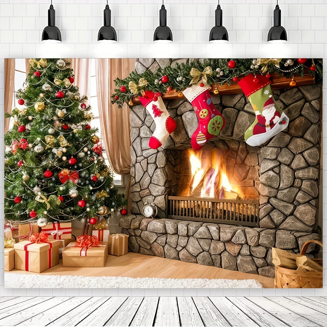 150 * 100cm Christmas tree fireplace gift box Christmas socks themed party decoration background wall