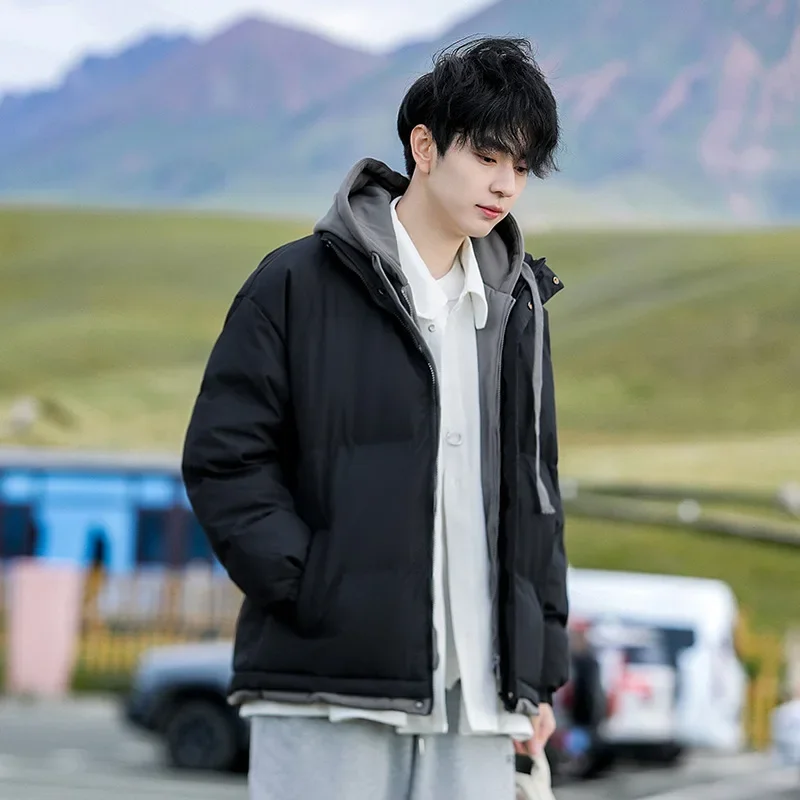 Men Parkas Spliced Hooded Parka Fake 2 Piece Set Zipper Cardigan Jackets Outerwear Pockets Autumn Winter  Loose Fit Casual