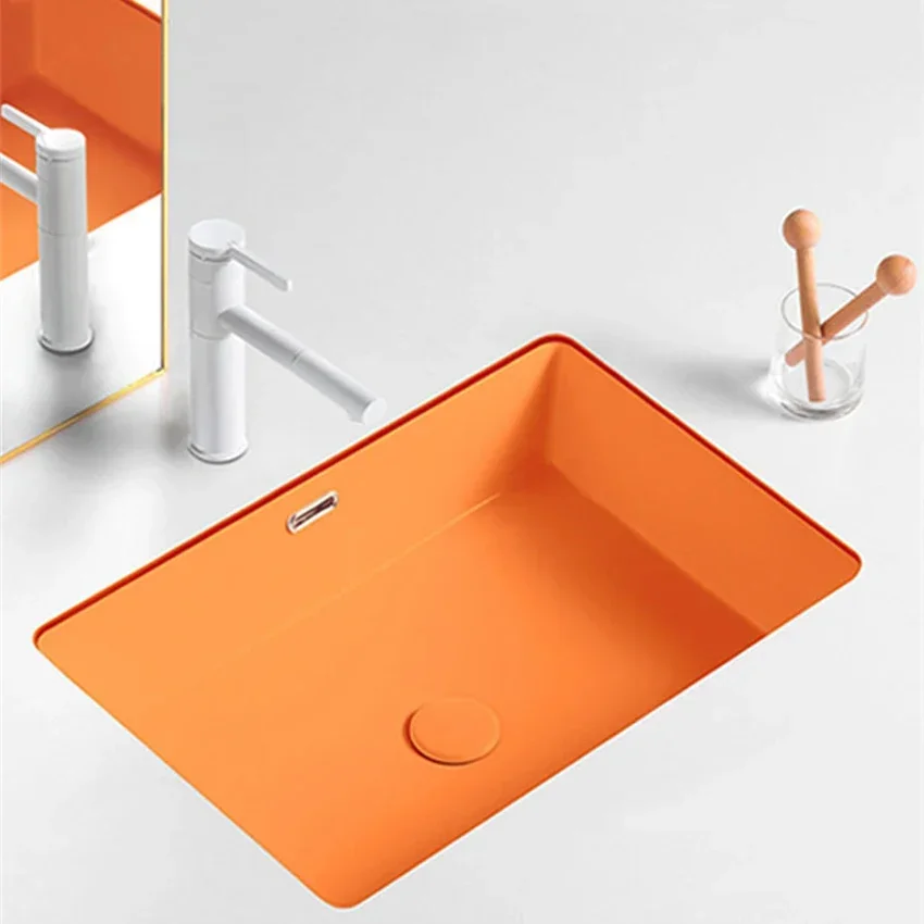 Lavabo de fondo cuadrado de fondo plano naranja, fregadero empotrado, lavabo individual de cerámica de colores moderno y sencillo, lavabo para balcón
