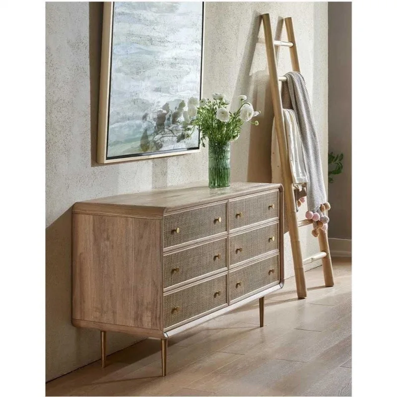 Armoire de rangement à tiroirs en bois massif et rotin, six seaux, simple, pour chambre à coucher, côté salle à manger, entrée de salon