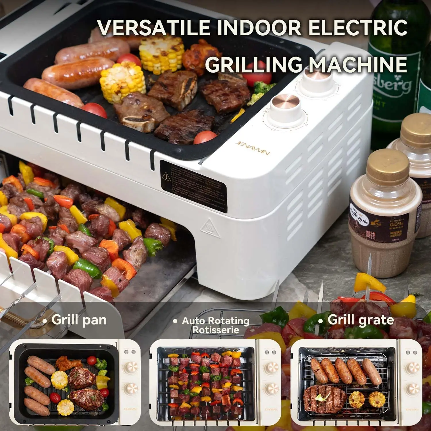 Indoor Grill Electric Smokeless - Indoor Tabletop BBQ with  Pan &  Grate,Smokeless Rotating Rotisserie Grills