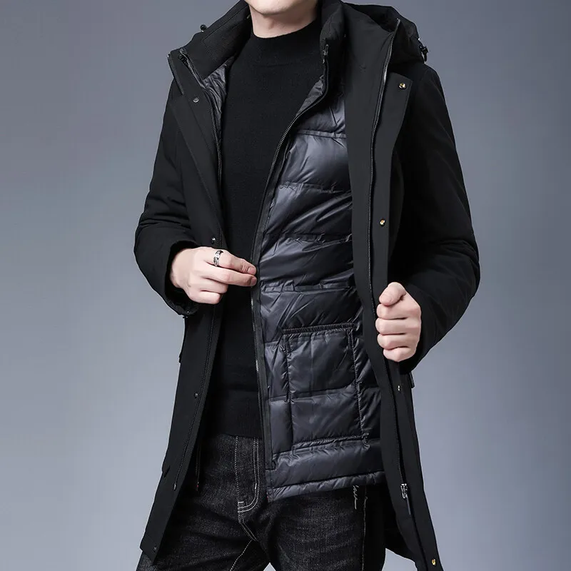 

Повседневные мужские зимние куртки на утином пуху черного цвета, ветрозащитные утепленные пуховики, верхняя одежда, теплые стеганые парки средней длины, одежда