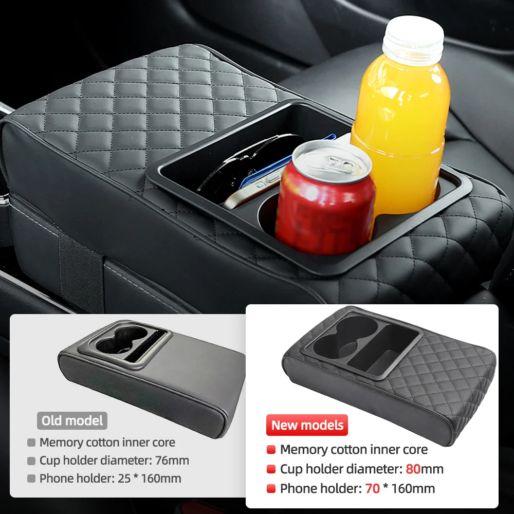 PU leather armrest pad. 2 cup holders. Comfy auto supply for better driving experience.