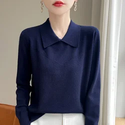 Autumn Winter Women Fine Wool Sweater Polo Collar Pullover Female Clothing Long Sleeve Knitwear Casual Solid Color Basis Tops