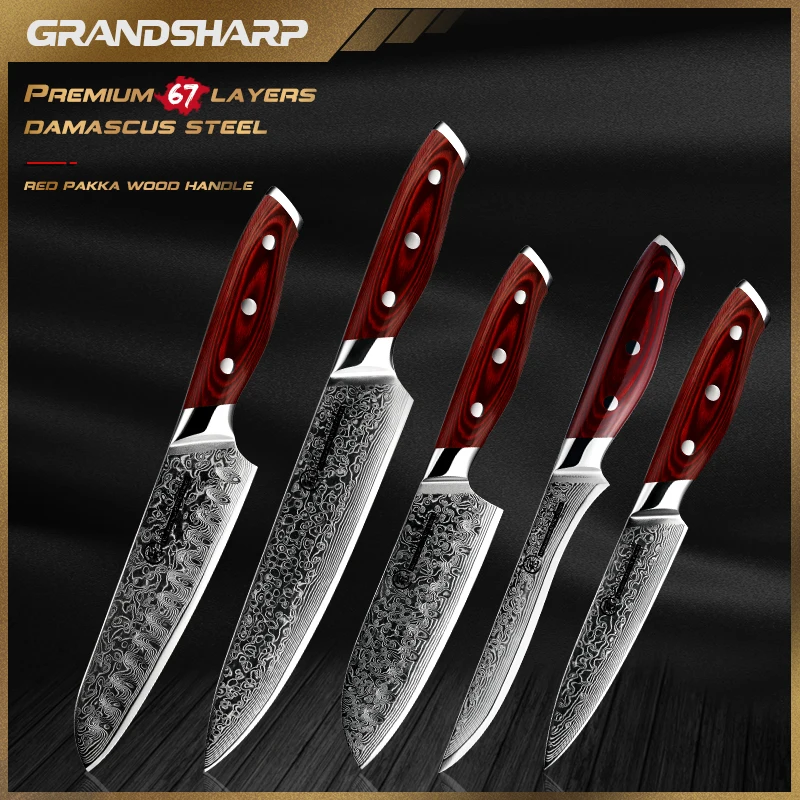 

Grandsharp 5Pcs Chef Knife Set Japanese Damascus Steel Santoku Utility Cleaver Kitchen Tools Meat Fish Vegetables Gadgets Red