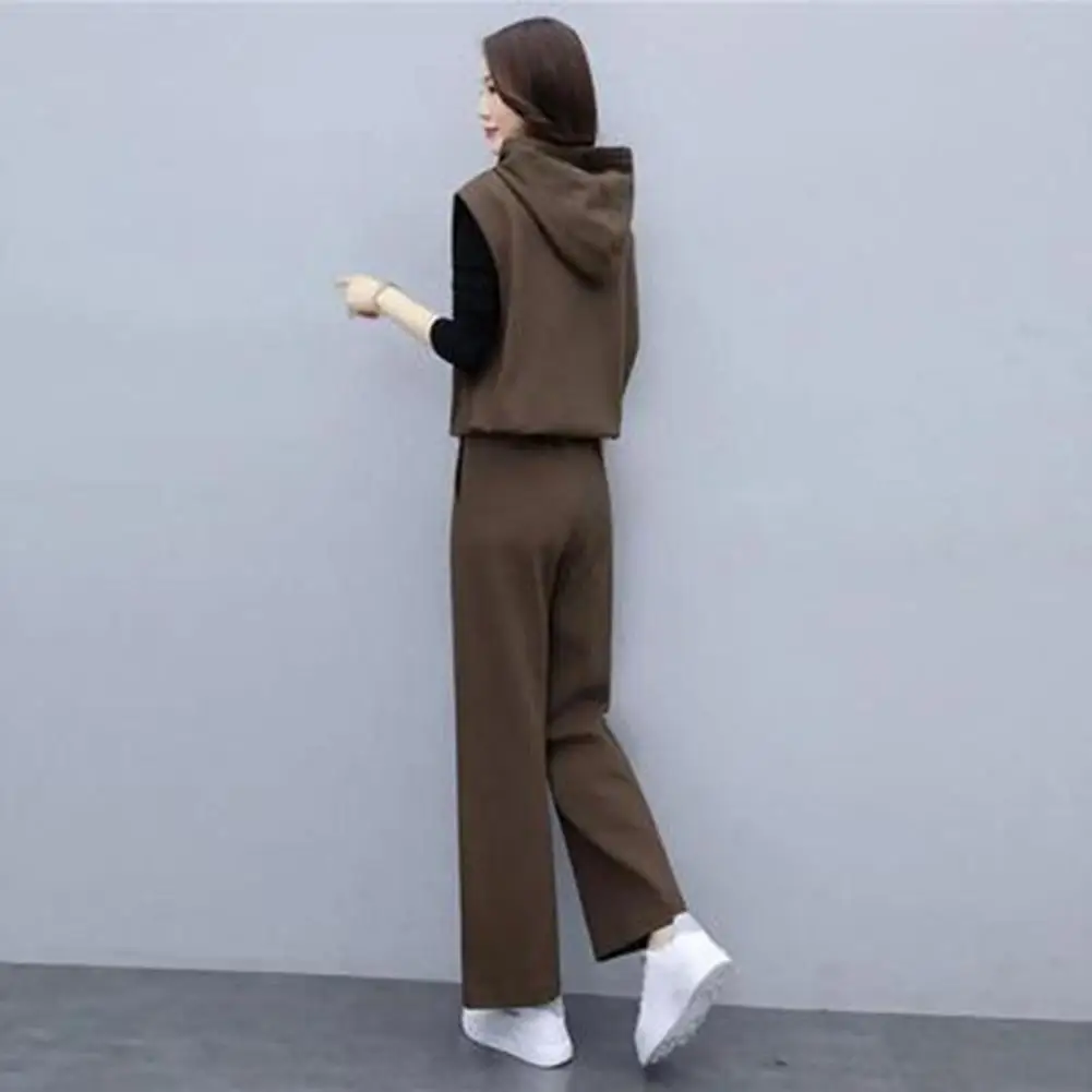 

Casual Set for Women Stylish Women's Three-piece Set Black Hooded Vest Coat Elastic Waist Wide Leg Pants for Office Leisure