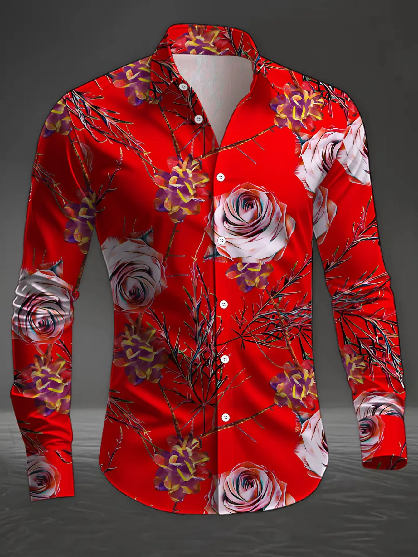 Men Lapel Collar Shirt Vivid Red‑Tone White Rose Purple Exotic Flower Dry‑Twig Graphic Polyester Long‑Sleeve Top