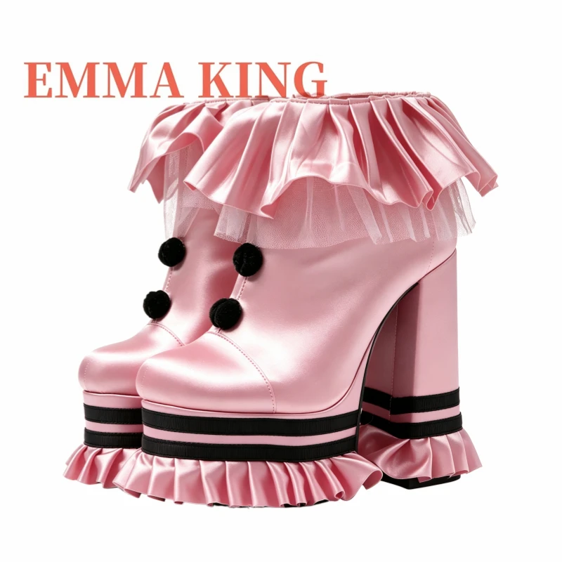 Women Sweet Lolita Platform Pumps, Satin Ruffled Lace Block High Heel Booties, Cute Black Pompom Decor Round Toe Party Shoes