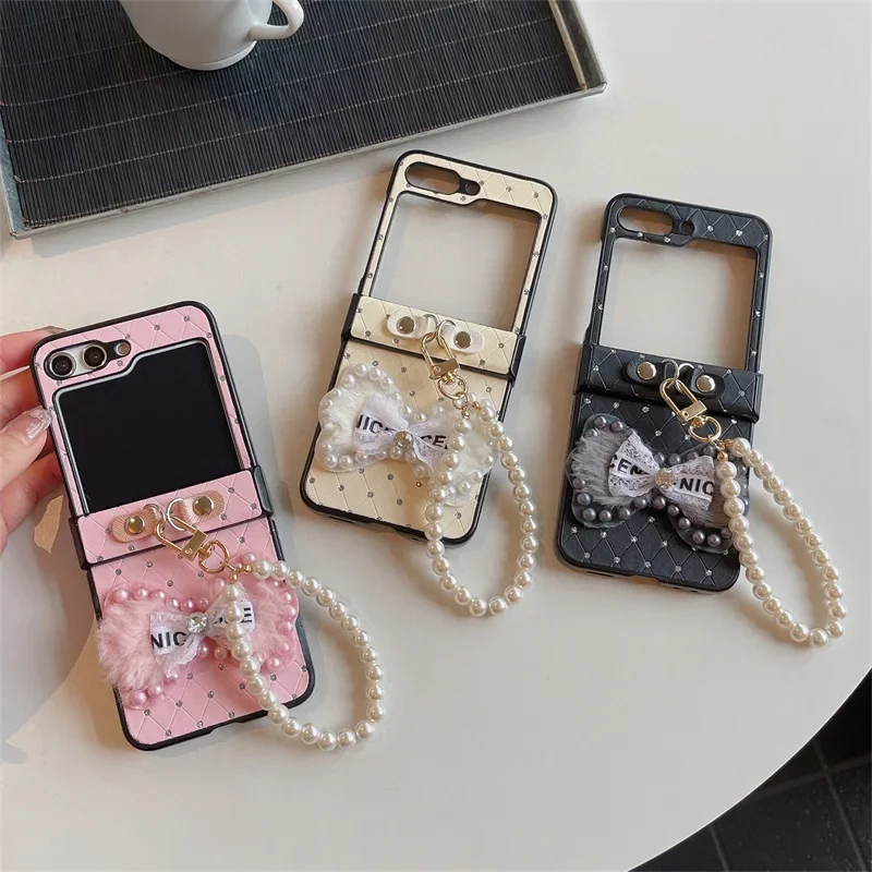 Lingge Bow Pearl Chain Phone Case for Samsung Galaxy Z Flip 6 5 4 3 Protective Back Cover for ZFlip4 ZFlip5 ZFlip6 Case Shell