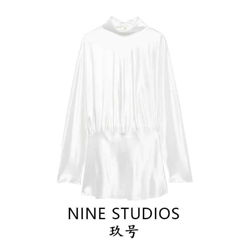 Ele لون نقي من الساتان طويل Sve Dr مع ربطة القوس فيونكة با عقدة ort تنورة للنساء الخريف عارضة عالية الياقة