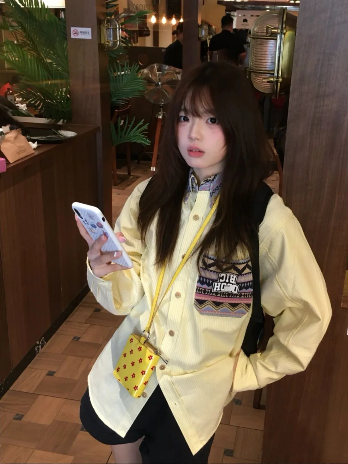 

American Style Loose Long Sleeve Yellow Striped Embroidered Shirt Women's Outerwear Early Spring Lazy Top Sun Protection