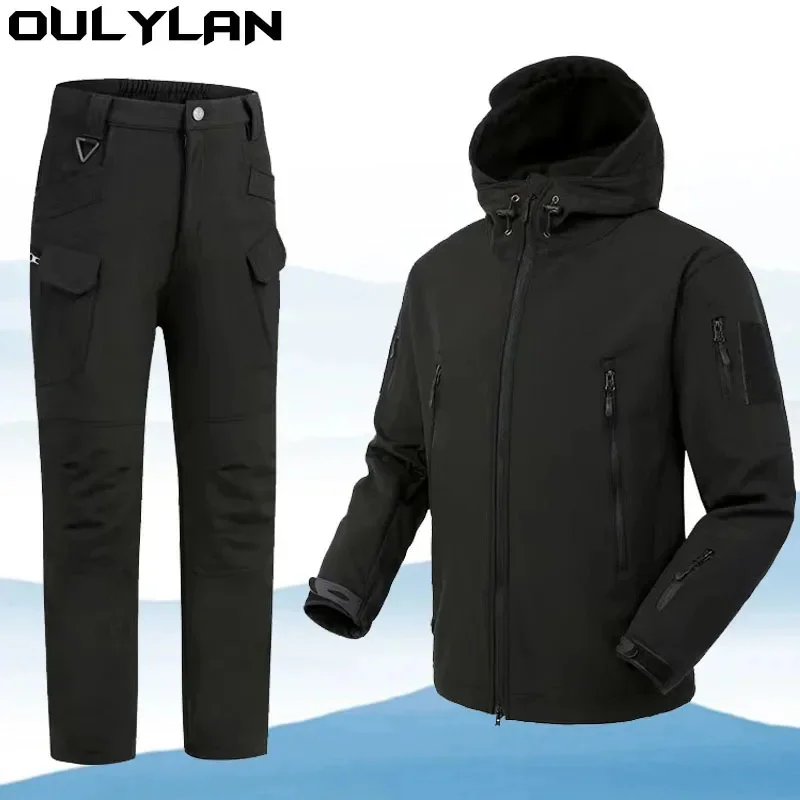 Oulylan Tactical Jackets Elastic Men Waterproof Suits Fishing Warm Hiking Camping Tracksuits Set Hood Coat S-4XL Winter Autumn