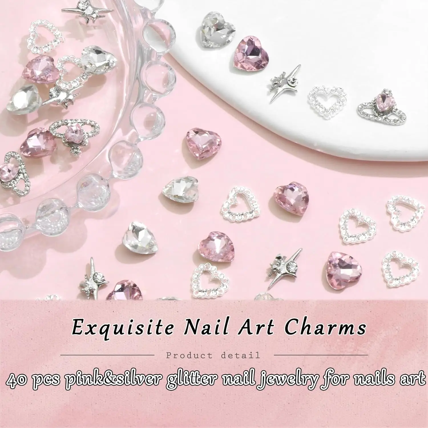 40 STKS Roze Nagelbedels 3D Hartbedels Valentijnsdag Zilver Sterrenlicht Nageldecoraties Glanzende Nagel Edelstenen Strass Multi Stijl