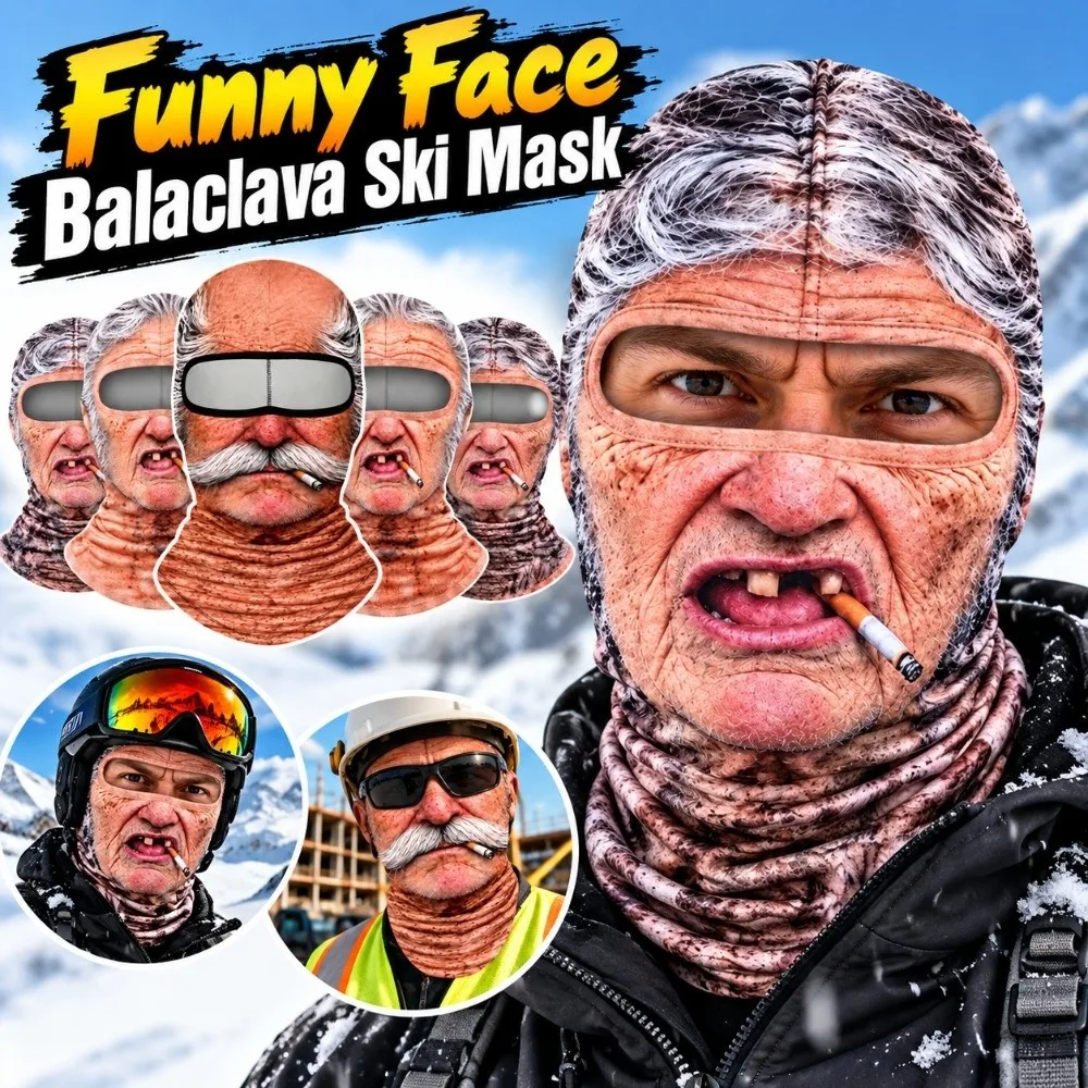3D Face Printed Old Man Balaclava Face Mask White Mustache Elderly Man Funny Ski Mask Full Coverage Breathable Eye Hole