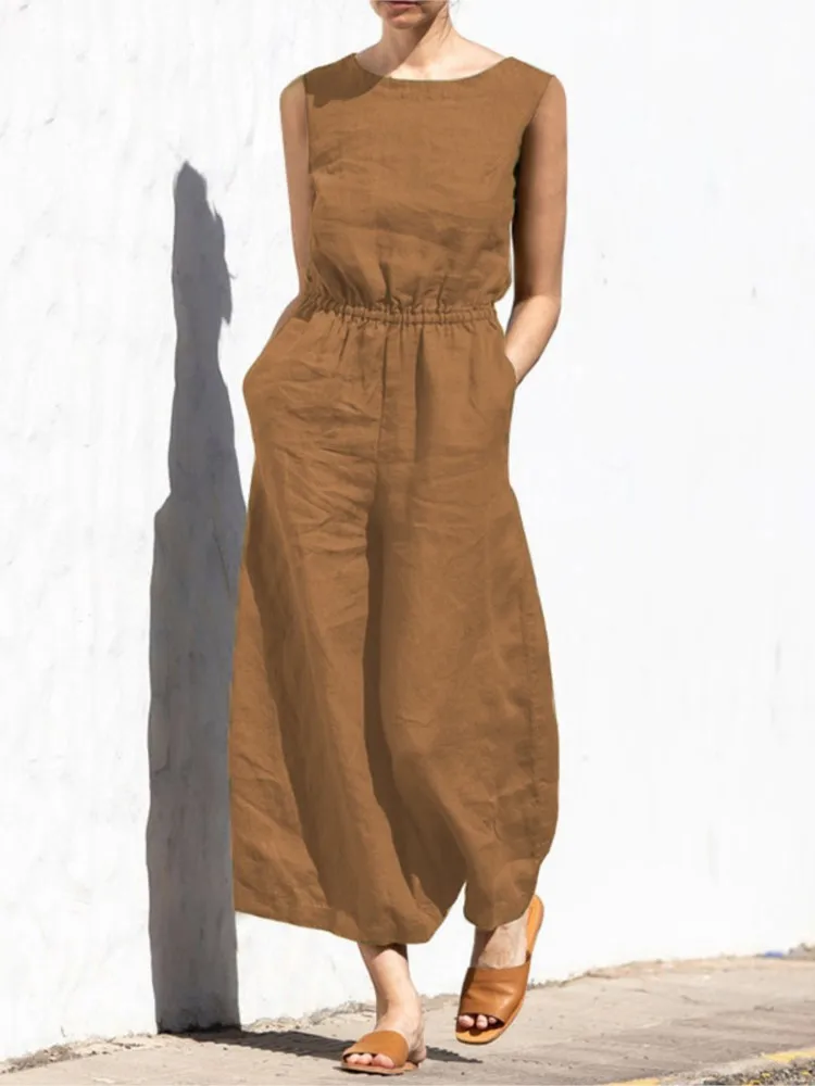 Fashion Buttoned Women Wide Leg Pant Jumpsuit Summer Solid Round Neck Sleeveless Pocket Playsuit Ladies Loose One-Piece Pants