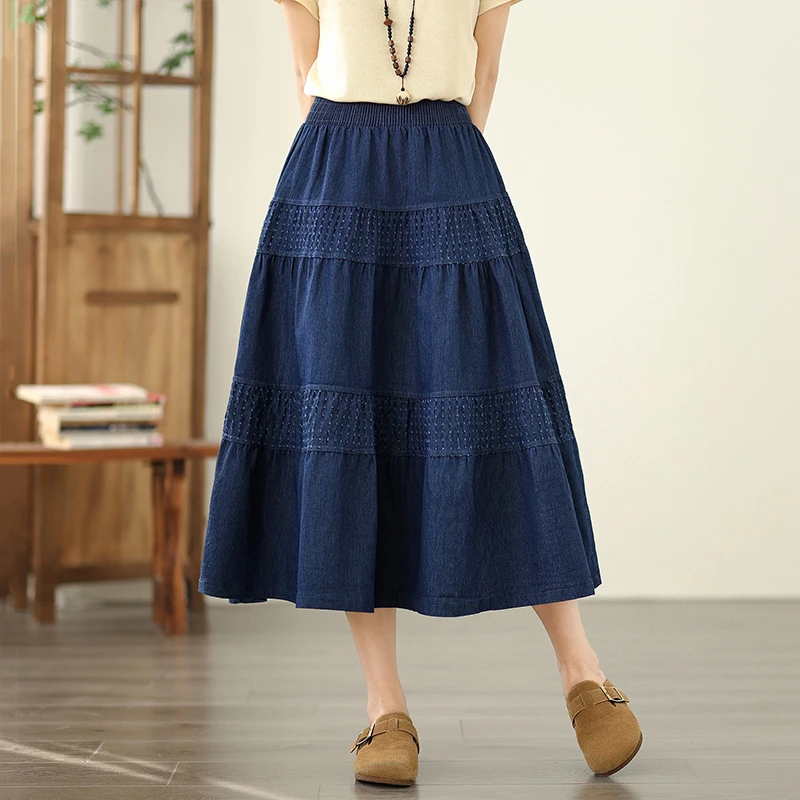 

Синяя свободная юбка-торт с эластичной резинкой на талии в стиле пэчворк из тонкого материала, средней длины, юбки для тела, большие размеры, женская мода