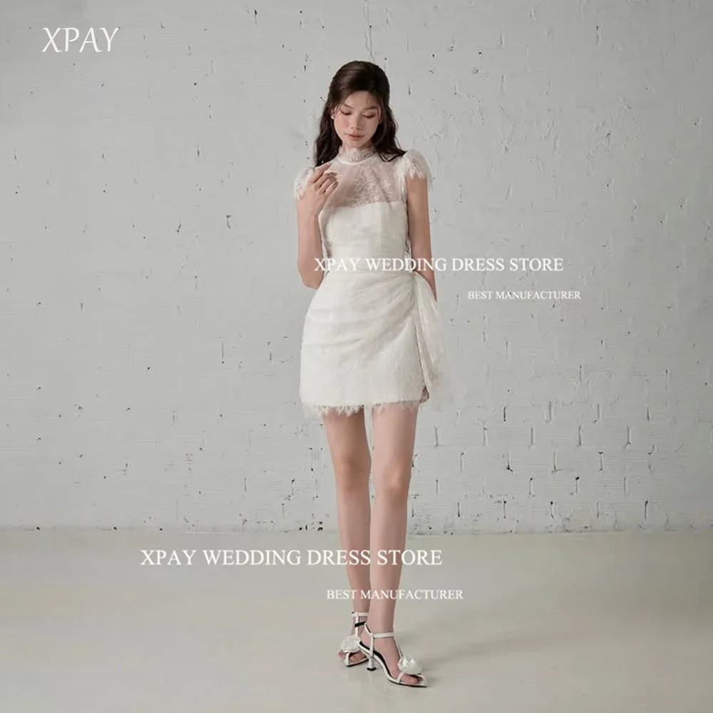 

XPAY Chic High Neck Lace Short Mini Wedding Dresses Pleat Cap Sleeves Bridal Gown Customized Zipper Bride Dress Formal Gowns