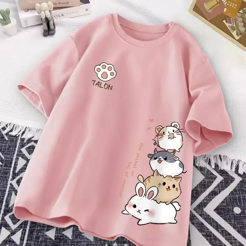 Japanese Cute Hamster Style Sweet Print Daily Wear Short Sleeve T-shirt Women's Loose Casual Teenage Student Half Sleeve Top