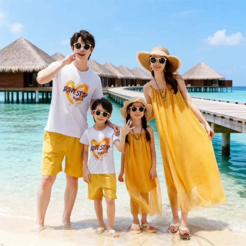 Vacation Family Matching Outfit Beach Mother‑Daughter Girls Yellow Maxi Dress Father‑Son Tops Shorts Sets Holiday Couple Clothes
