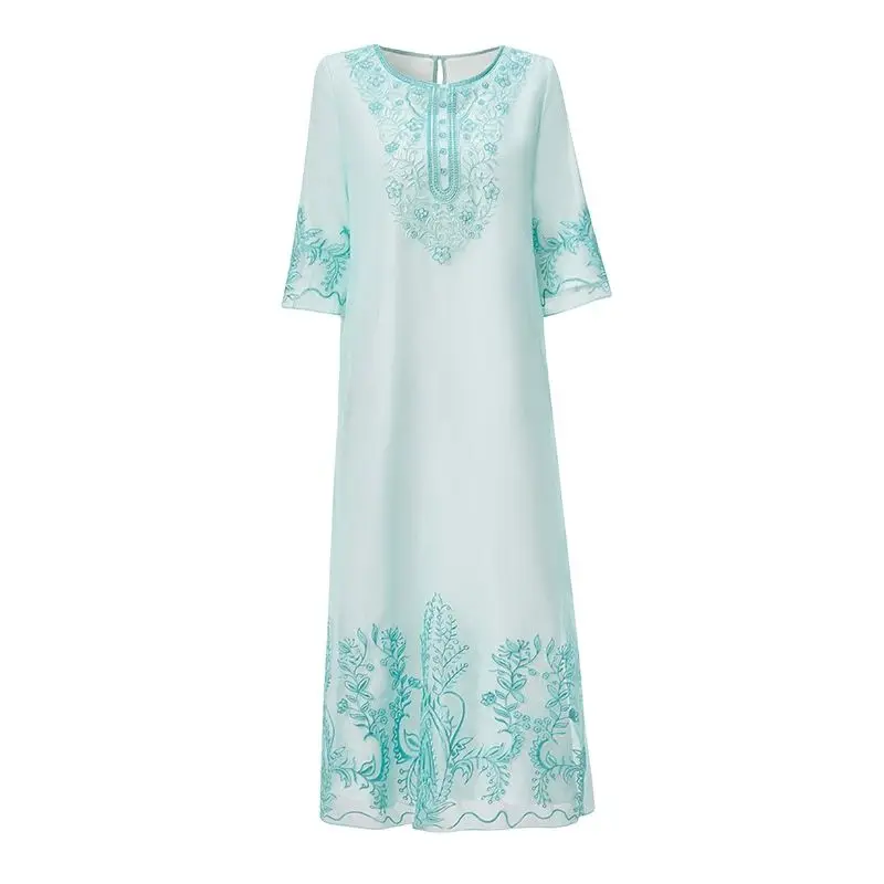 

New Chinese round neck embroidered A-line dress in spring and summer 2023