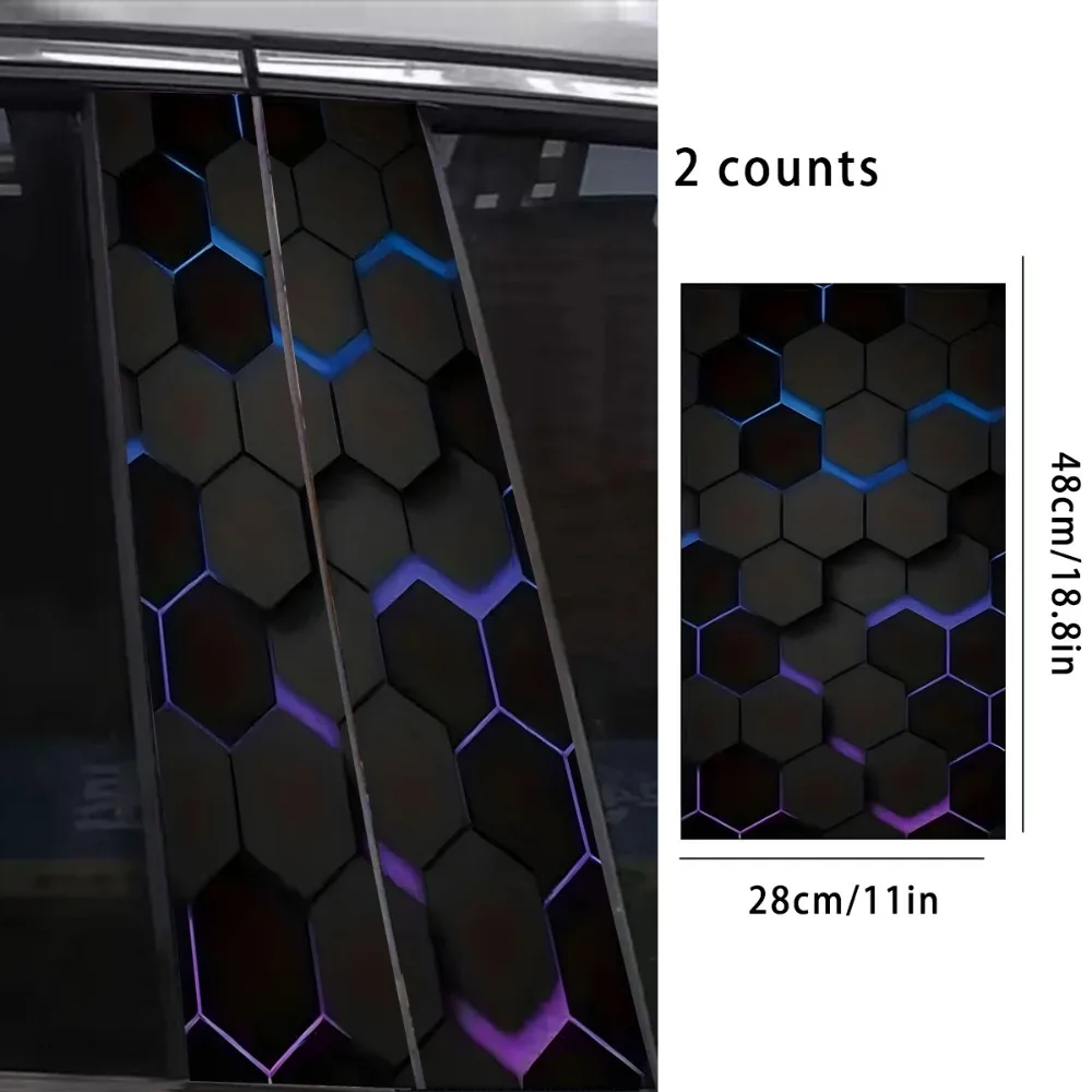2Pcs Sci-Fi Theme B-Petal Car Sticker - Hexagonal Honeycomb Pattern with Blue Neon, Durable Vinyl Self-Adhesive Sticke