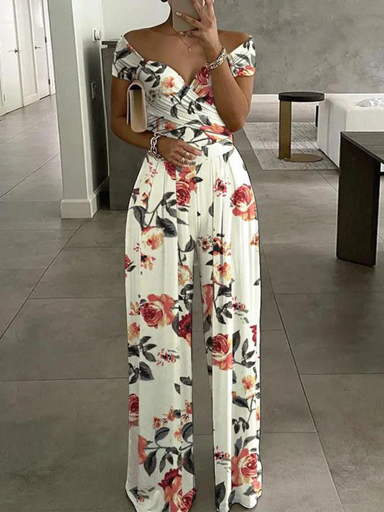 

Women's Floral Jumpsuit Summer French Style Off-Shoulder Short Sleeve Full-Length Wide Leg Casual Vacation Piece
