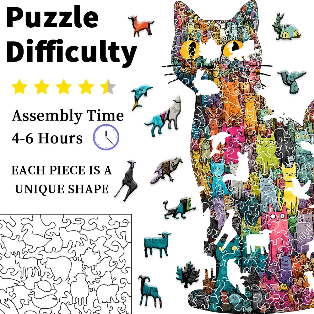 Colorful Cat Shaped Wooden Puzzle Unique Animal Pattern Jigsaw Toy Adult Kids Decompression Intellectual Game Difficult Challeng