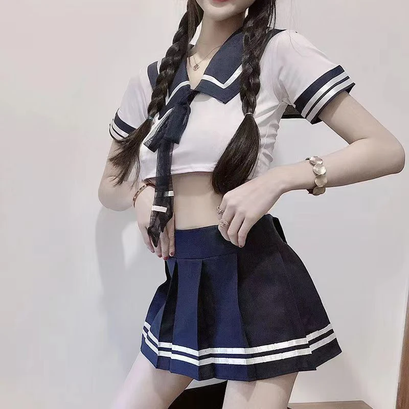 Women Sexy Lingerie Adult Role Play Nightgown 2 Piece Pajamas Set School Girl Cosplay Student Uniform Short Top Skirt Sets