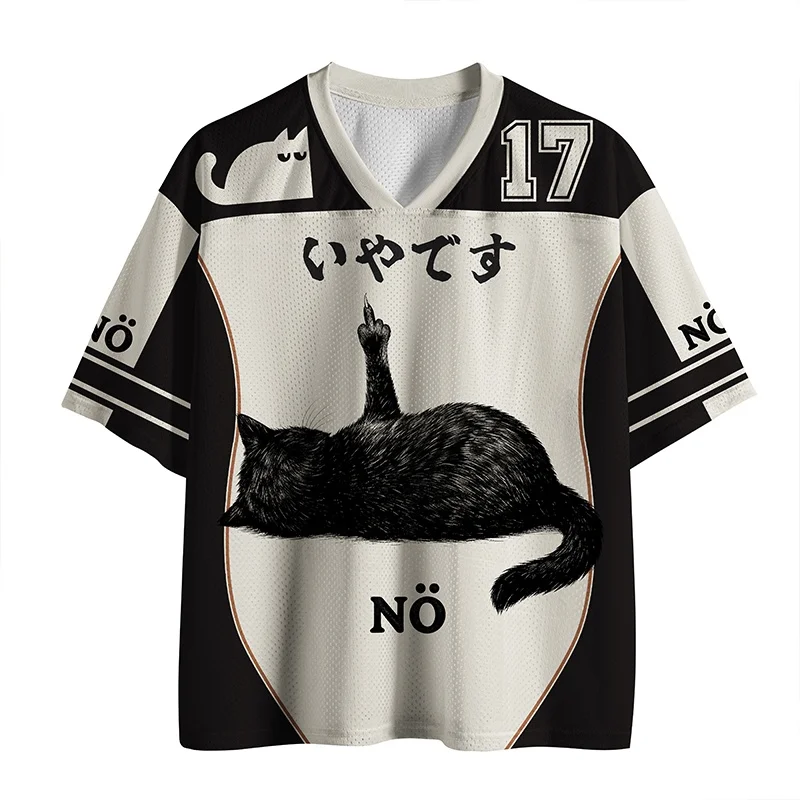 Black Cat Men's T-shirt New Fashionable V-neck 3D Quick Drying Leisure Outdoor Sports Adult and Children's Parent Child T-shirt