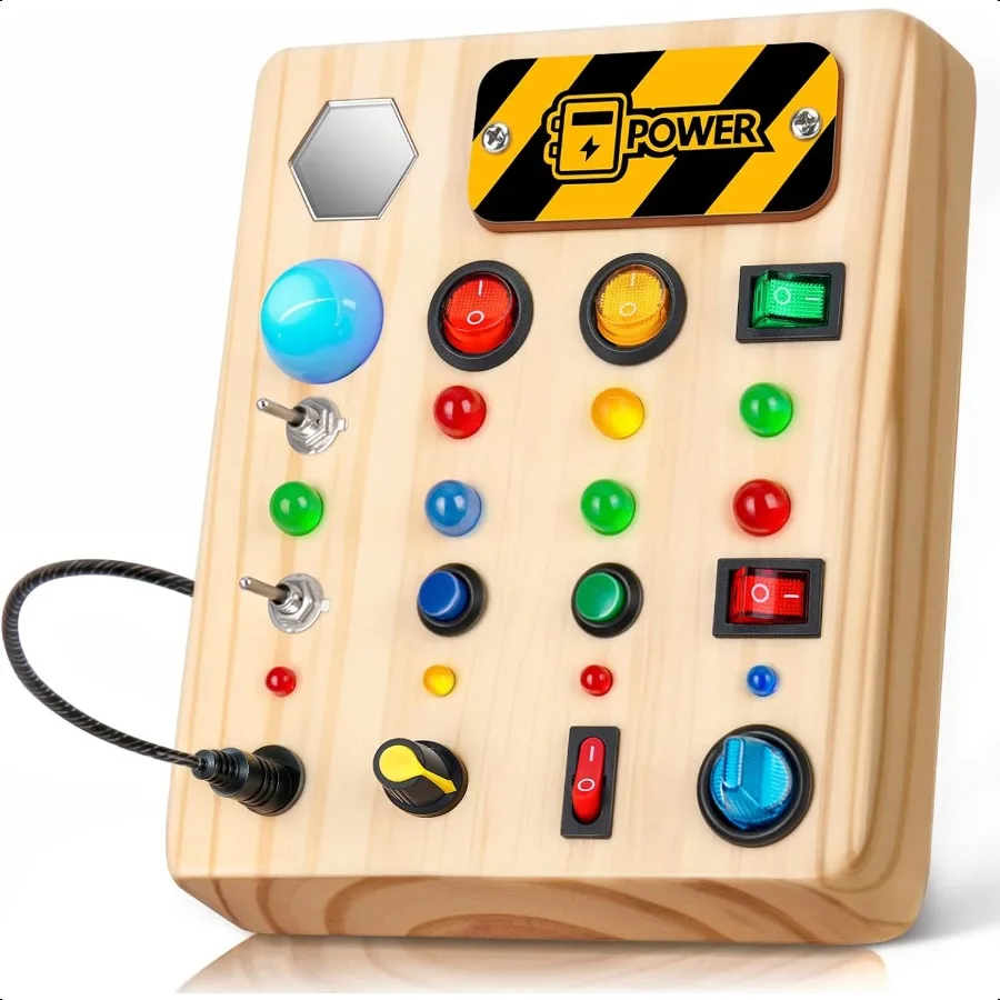 

Busy Board Montori Toys for Toddler Wooden Sensory Board Switch Toy with Shape Sorter LED Light Up Toys Educational Plane Trave