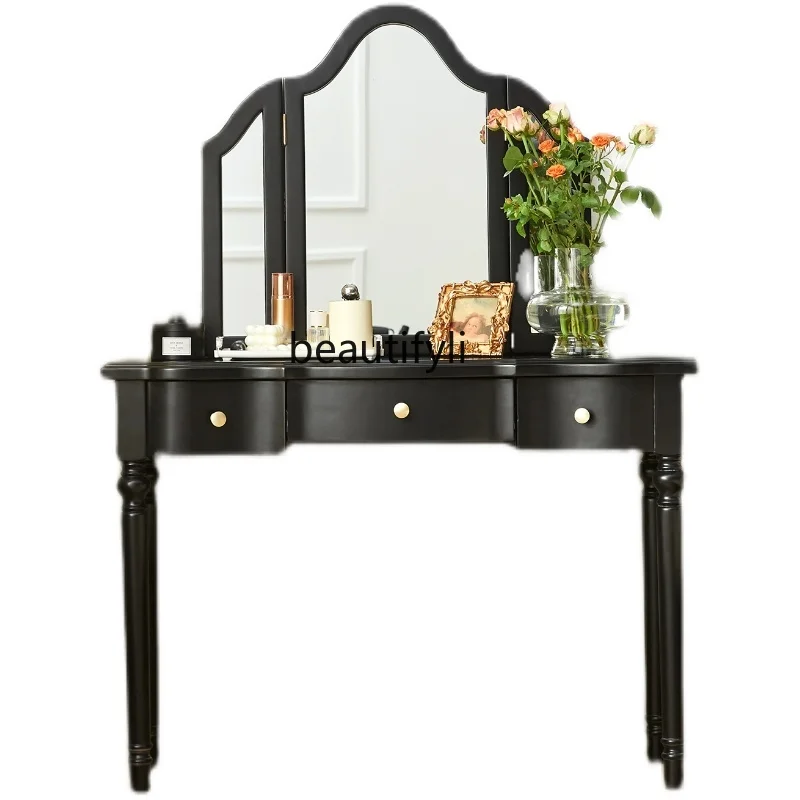 

Classic Black Dressing Table American Retro Modern Minimalist Bedroom Light Luxury Solid Wood Makeup Table Champagne furniture